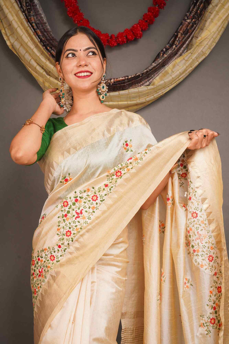 Ready to Wear Kerala Kasavu Embroidered Cotton Silk Wrap in 1 minute Saree with Readymade Blouse - Isadora Life Online Shopping Store