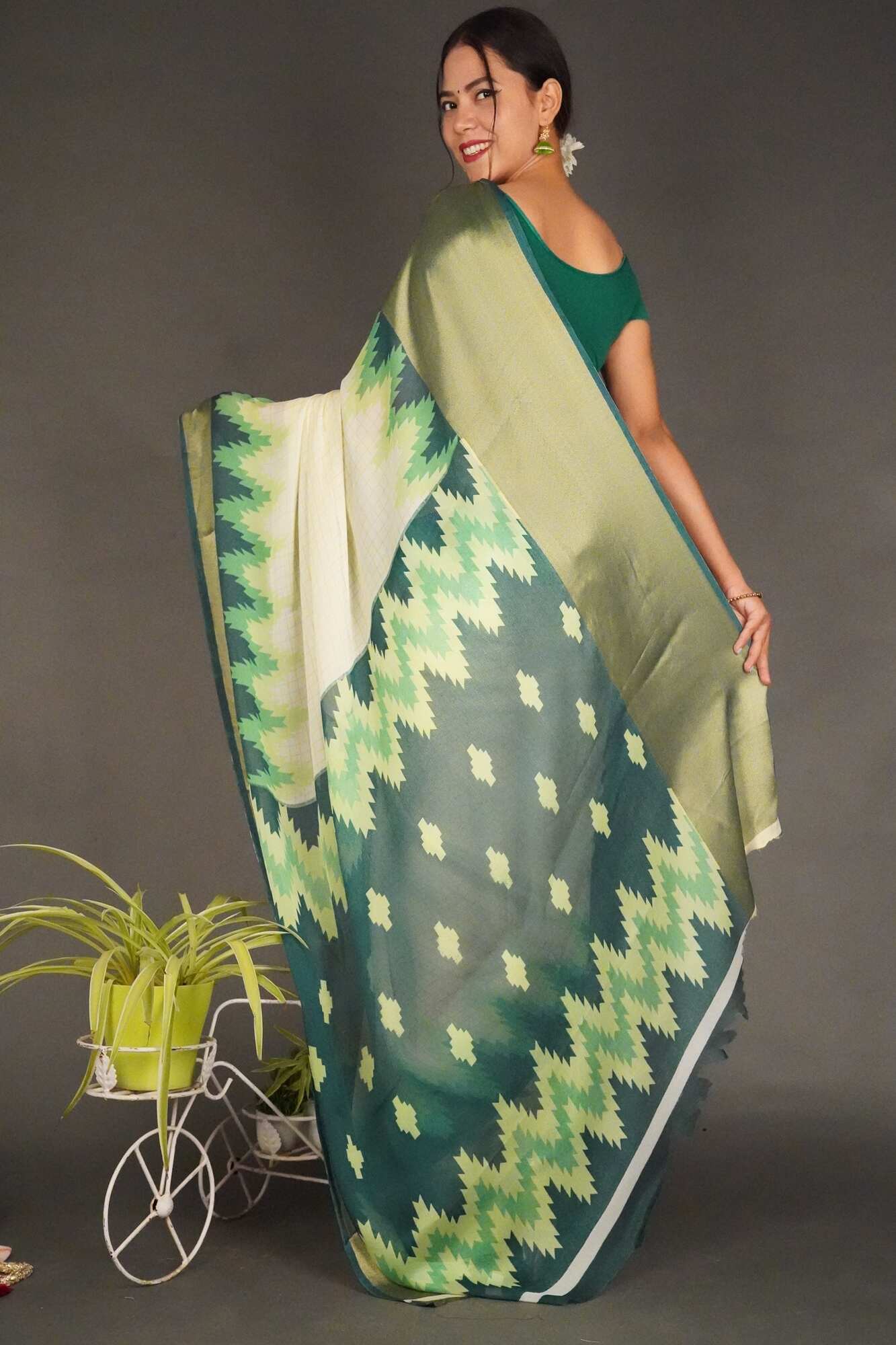 Ready To Wear Green & Off-White Checked Moss Chiffon With Designer Printed Pallu Wrap in 1 minute saree - Isadora Life Online Shopping Store