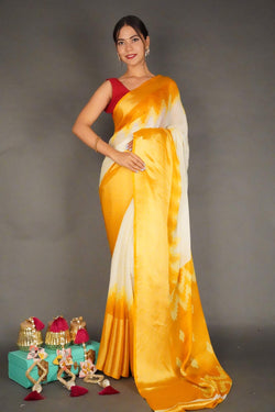 Ready To Wear Yellow & Off-White Checked Moss Chiffon With Designer Printed Pallu Wrap in 1 minute saree - Isadora Life Online Shopping Store