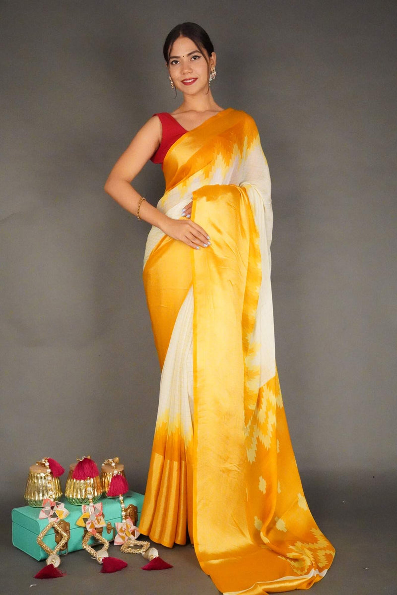 Ready To Wear Yellow & Off-White Checked Moss Chiffon With Designer Printed Pallu Wrap in 1 minute saree - Isadora Life Online Shopping Store