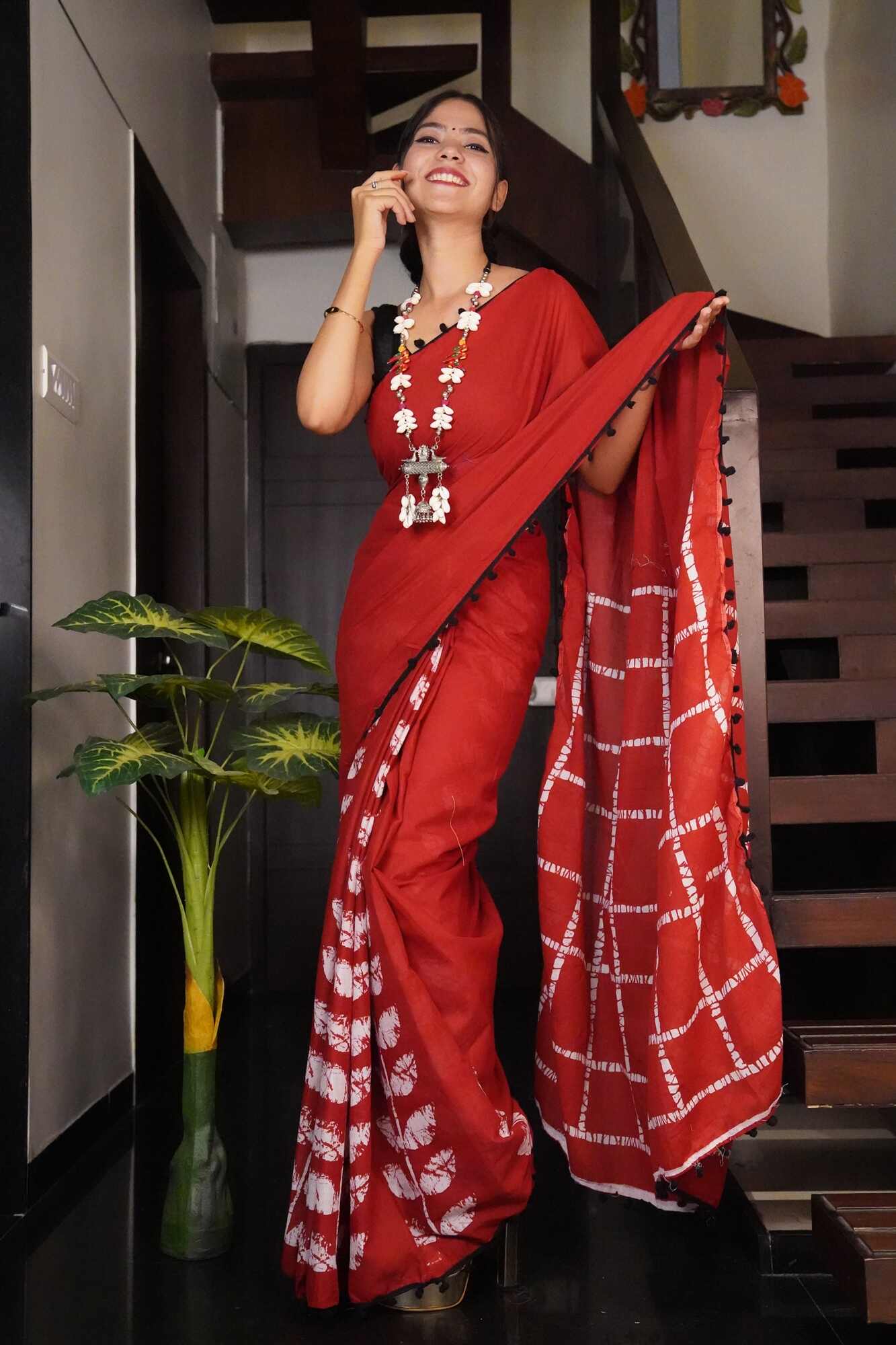 Burgundy hand block mul mul cotton wrap in 1 minute saree with pom pom - Isadora Life Online Shopping Store