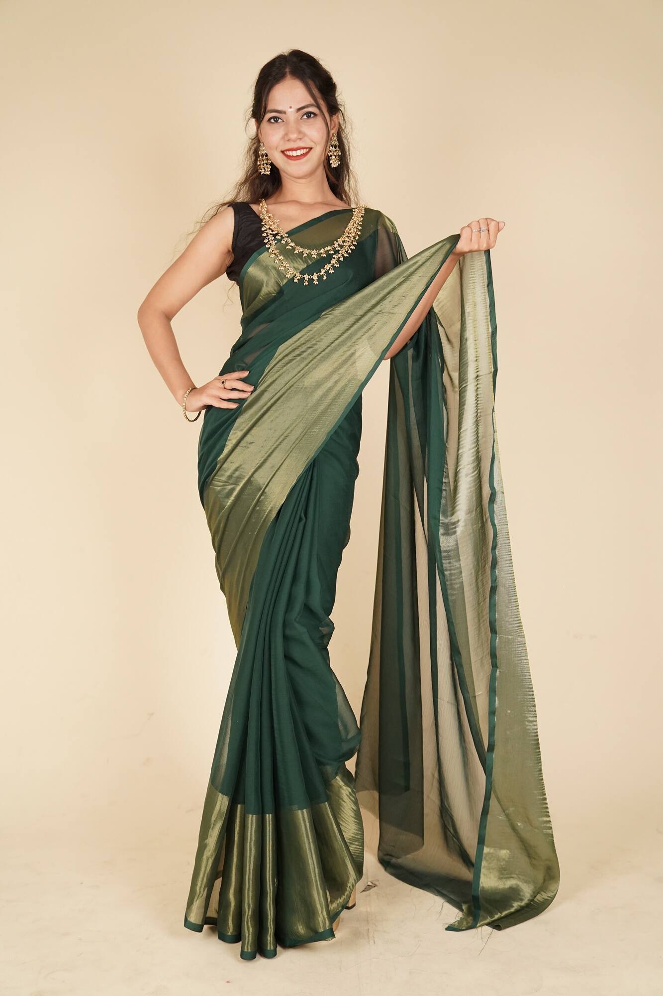 Ready To Wear Chiffon Green Zari Border Wrap in minute saree
