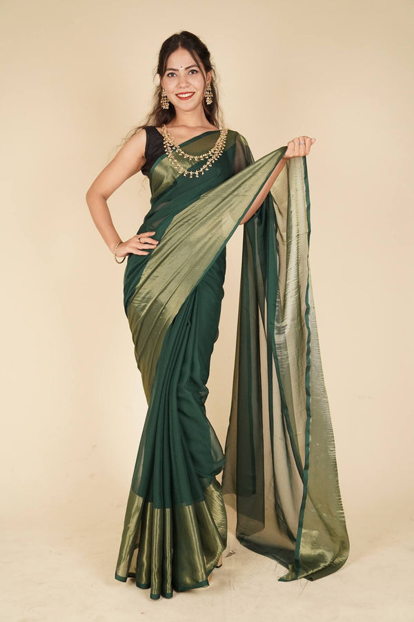 Ready To Wear Chiffon Green Zari Border Wrap in 1 minute saree With Readymade Blouse - Isadora Life Online Shopping Store
