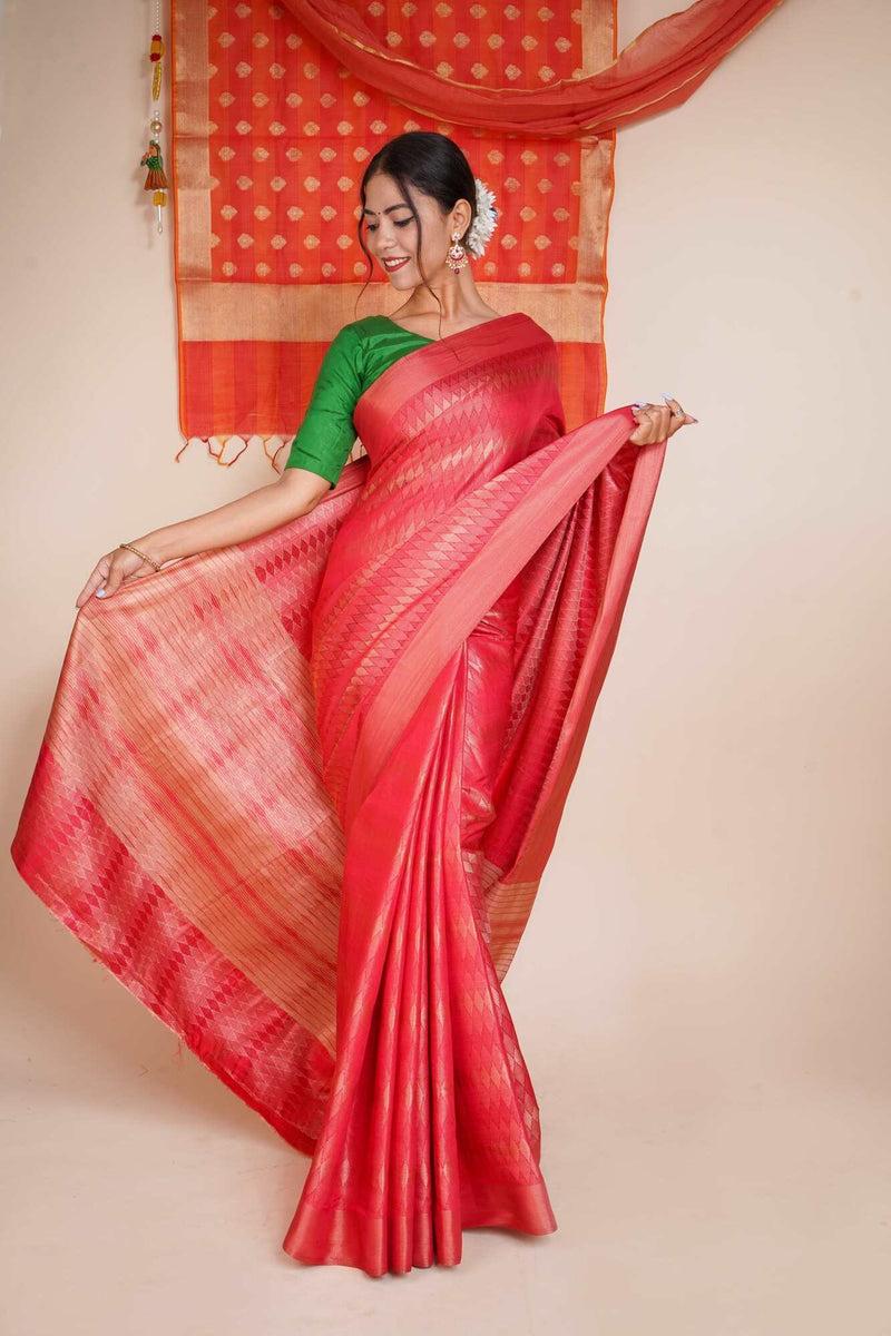 Exquisite Carrot red /pink Brocade over all booti  Wrap in 1 minute Saree with Readymade Blouse - Isadora Life Online Shopping Store