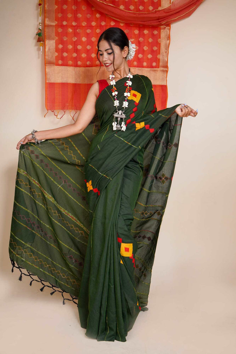 Khesh Pure Cotton Applique Work Ready to wear saree With Readymade Blouse - Isadora Life Online Shopping Store