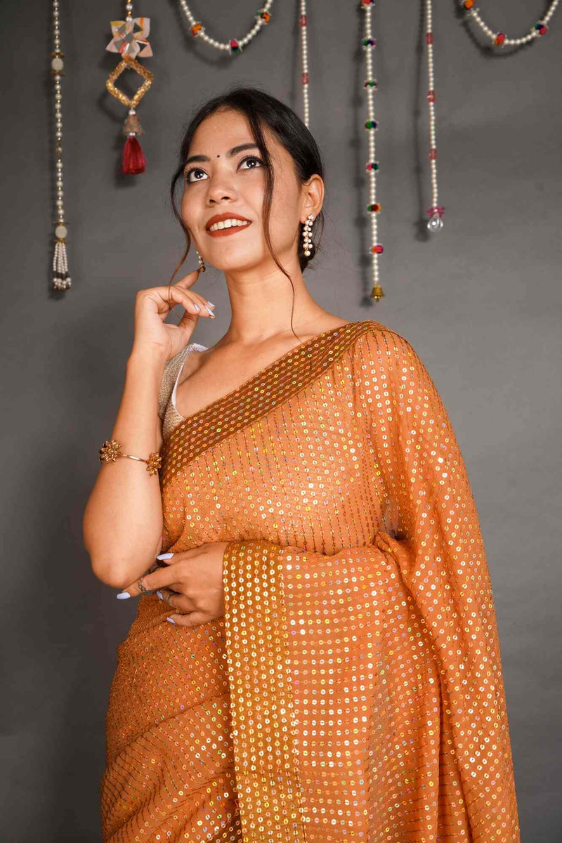 Pleasing Mustard Full Sequined Embroidered ready to wear readymade saree With Stitched Blouse - Isadora Life Online Shopping Store