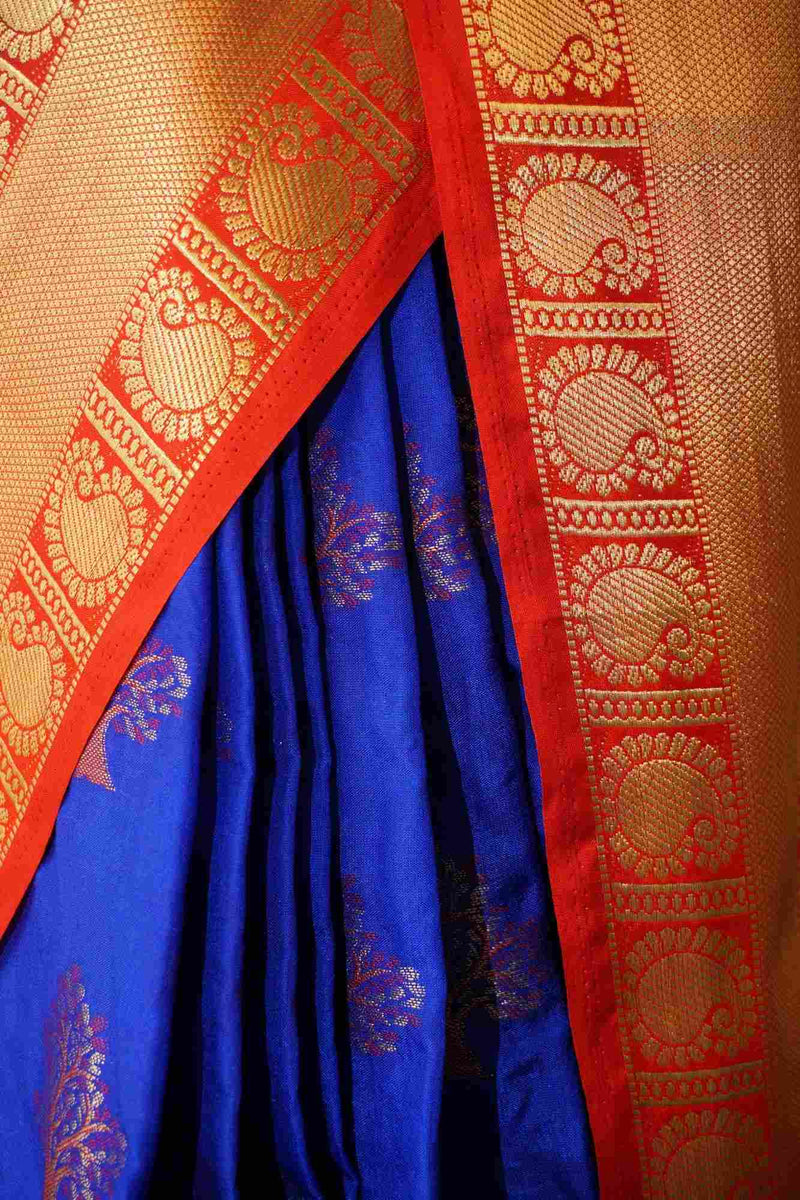 Blue and gold ornate pallu kanchipuram art silk wrap in 1 minute saree - Isadora Life Online Shopping Store