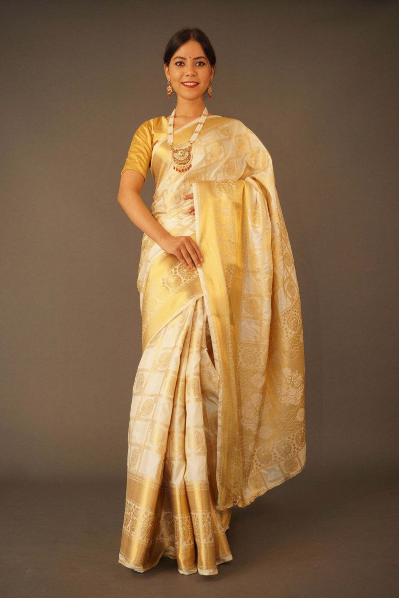 Beautiful kerala kasavu with ornate border festive wrap in 1 minute saree - Isadora Life Online Shopping Store