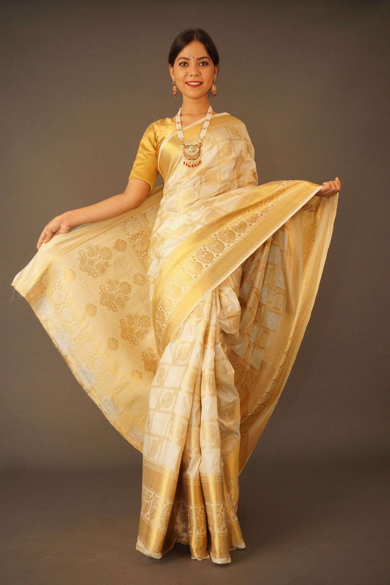 Beautiful kerala kasavu with ornate border festive wrap in 1 minute saree - Isadora Life Online Shopping Store