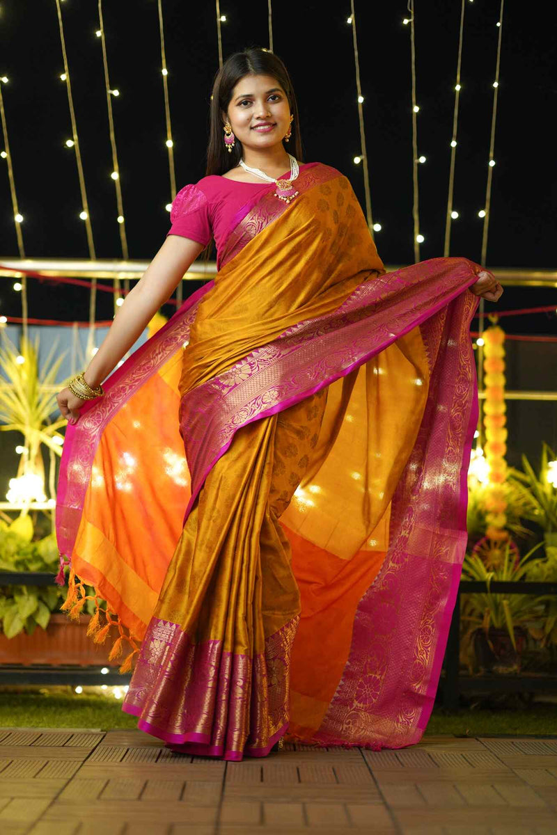 Golden Yellow & Pink Designer Pure Silk with Jacquard Saree Wrap in 1 minute saree - Isadora Life Online Shopping Store