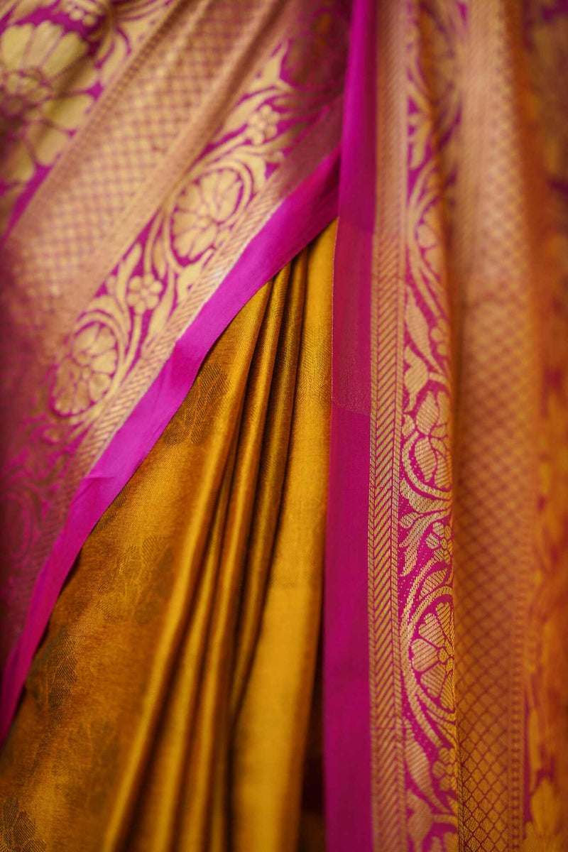 Golden Yellow & Pink Designer Pure Silk with Jacquard Saree Wrap in 1 minute saree - Isadora Life Online Shopping Store