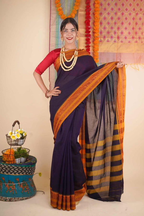 Deep Violet With Zari Naksha woven Border Pure Cotton Wrap in 1 minute Saree with readymade blouse - Isadora Life Online Shopping Store