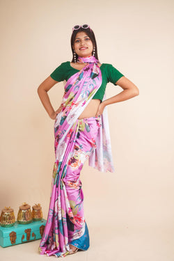 Floral Print Pink Crepe Satin Wrap in 1 Minute Saree with readymade blouse - Isadora Life Online Shopping Store