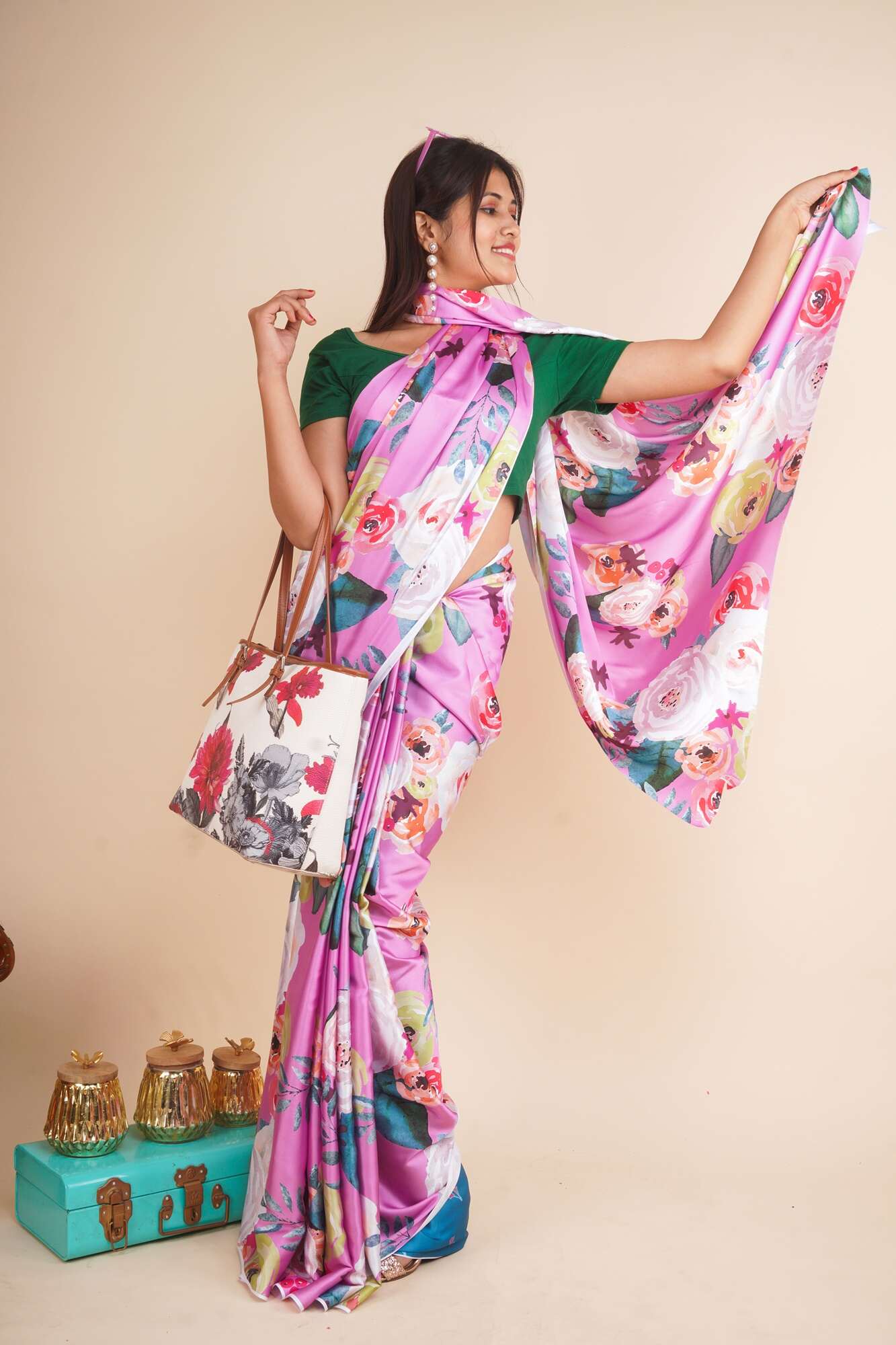 Floral Print Pink Crepe Satin Wrap in 1 Minute Saree with readymade blouse - Isadora Life Online Shopping Store