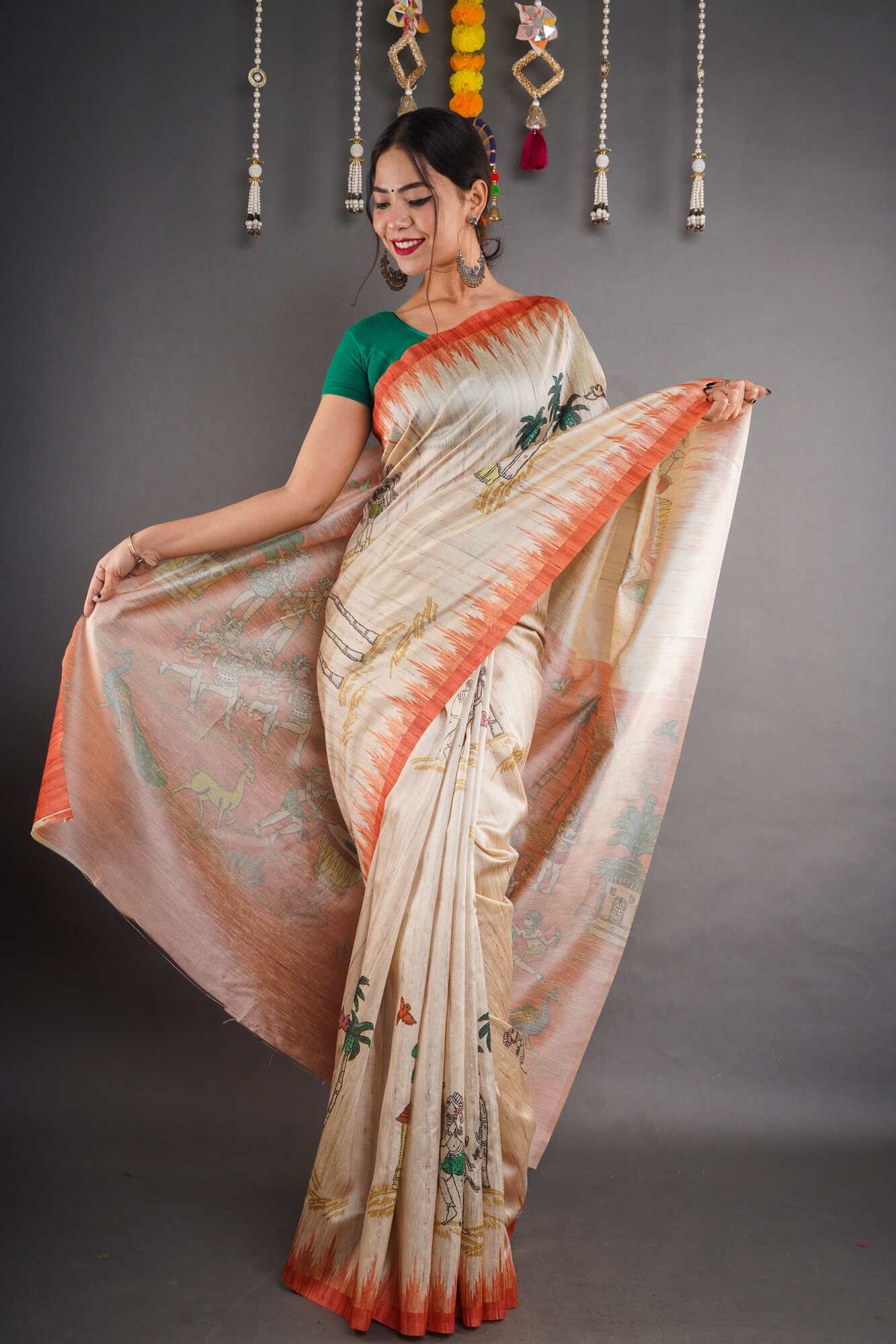Madhubani Printed Art Tussar Silk Bhagalpuri Wrap in 1 minute saree with readymade blouse - Isadora Life Online Shopping Store