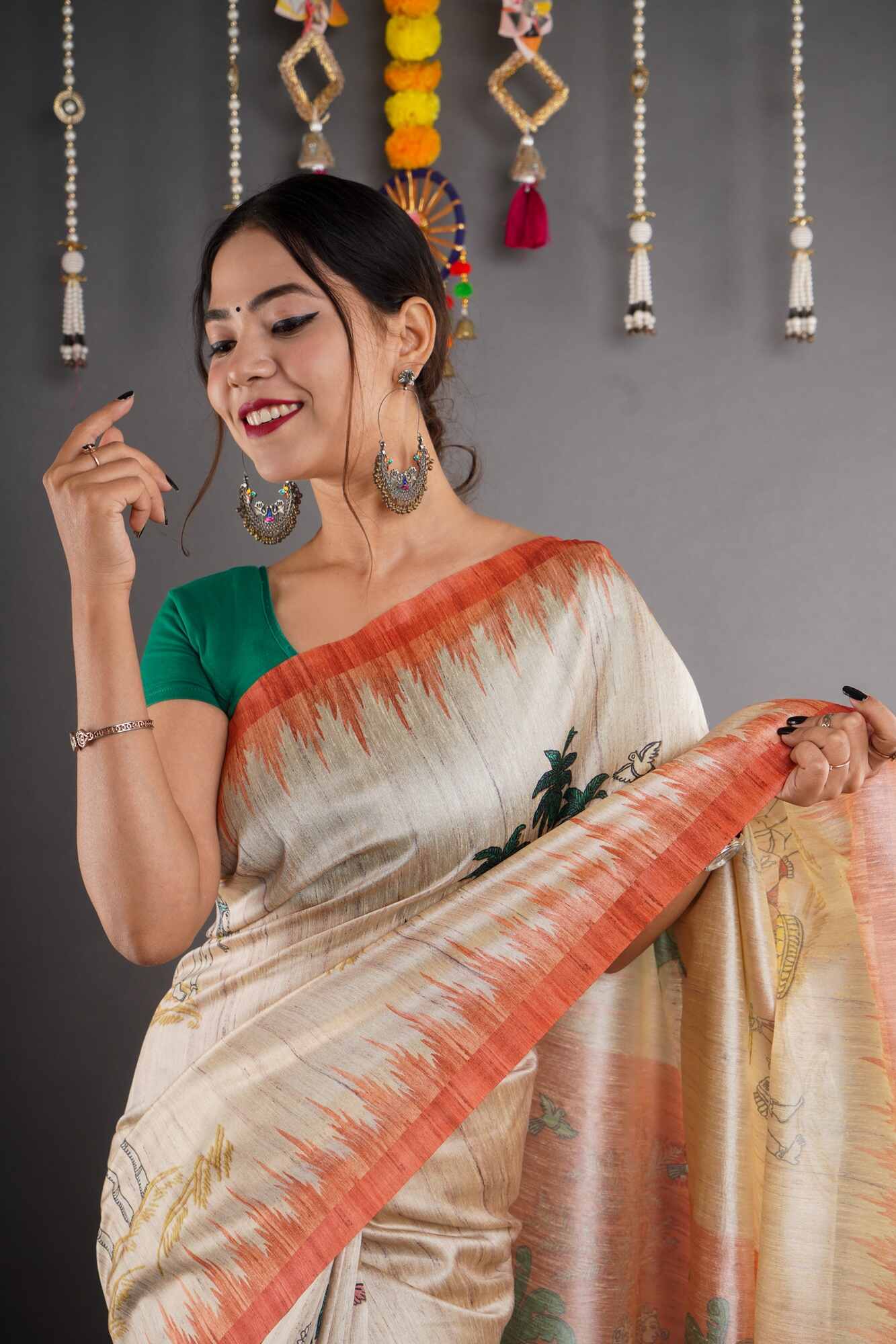 Madhubani Printed Art Tussar Silk Bhagalpuri Wrap in 1 minute saree with readymade blouse - Isadora Life Online Shopping Store
