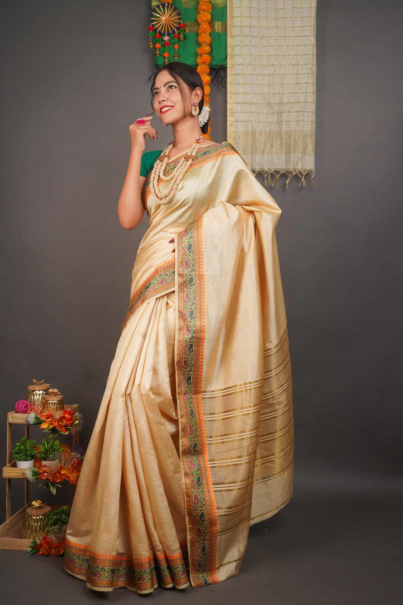 Light beige sedate sophisticated kasavu khadi silk with Resham Embroidered Border Wrap in 1 minute saree - Isadora Life Online Shopping Store