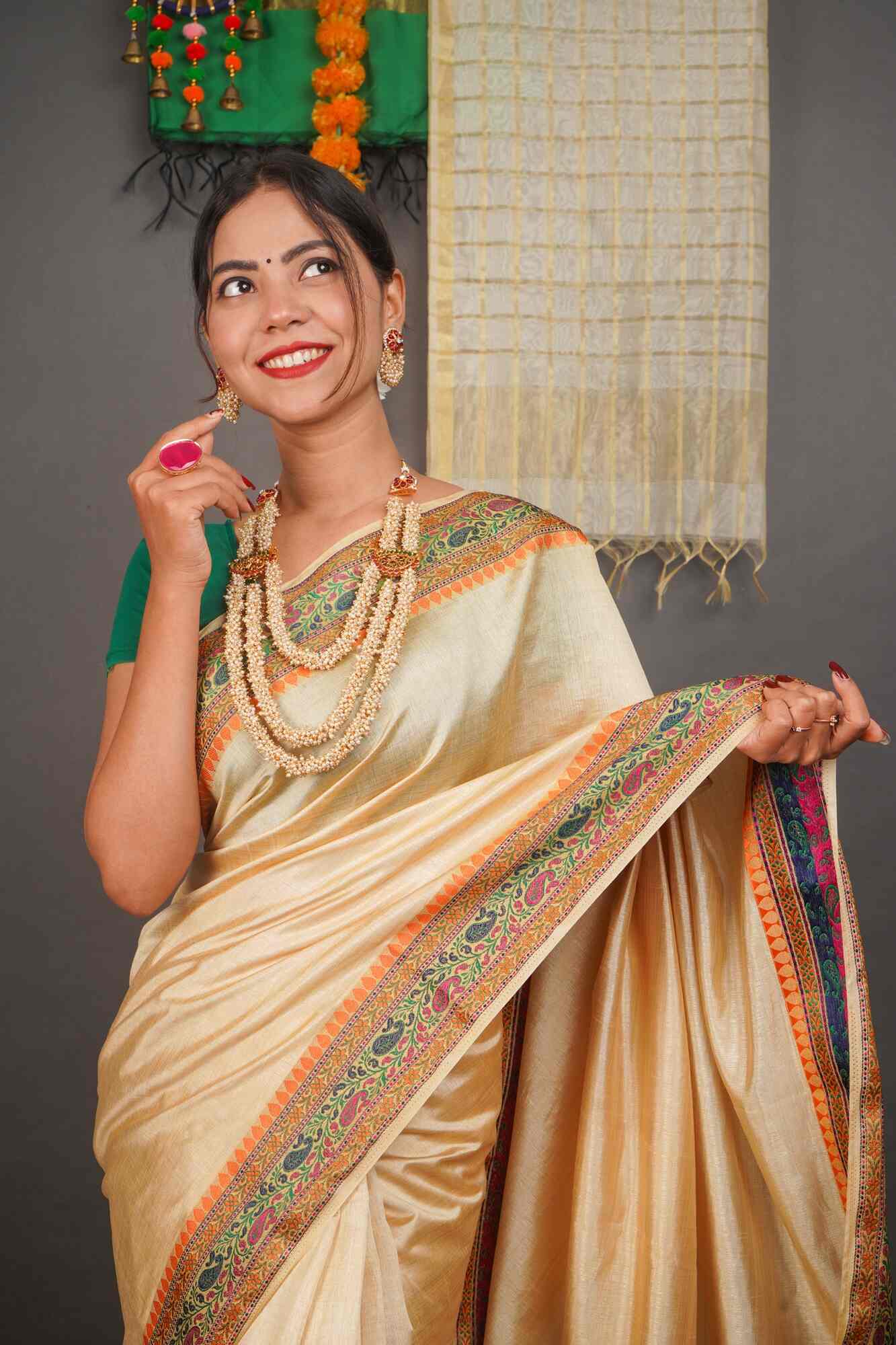 Light beige sedate sophisticated kasavu khadi silk with Resham Embroidered Border Wrap in 1 minute saree - Isadora Life Online Shopping Store