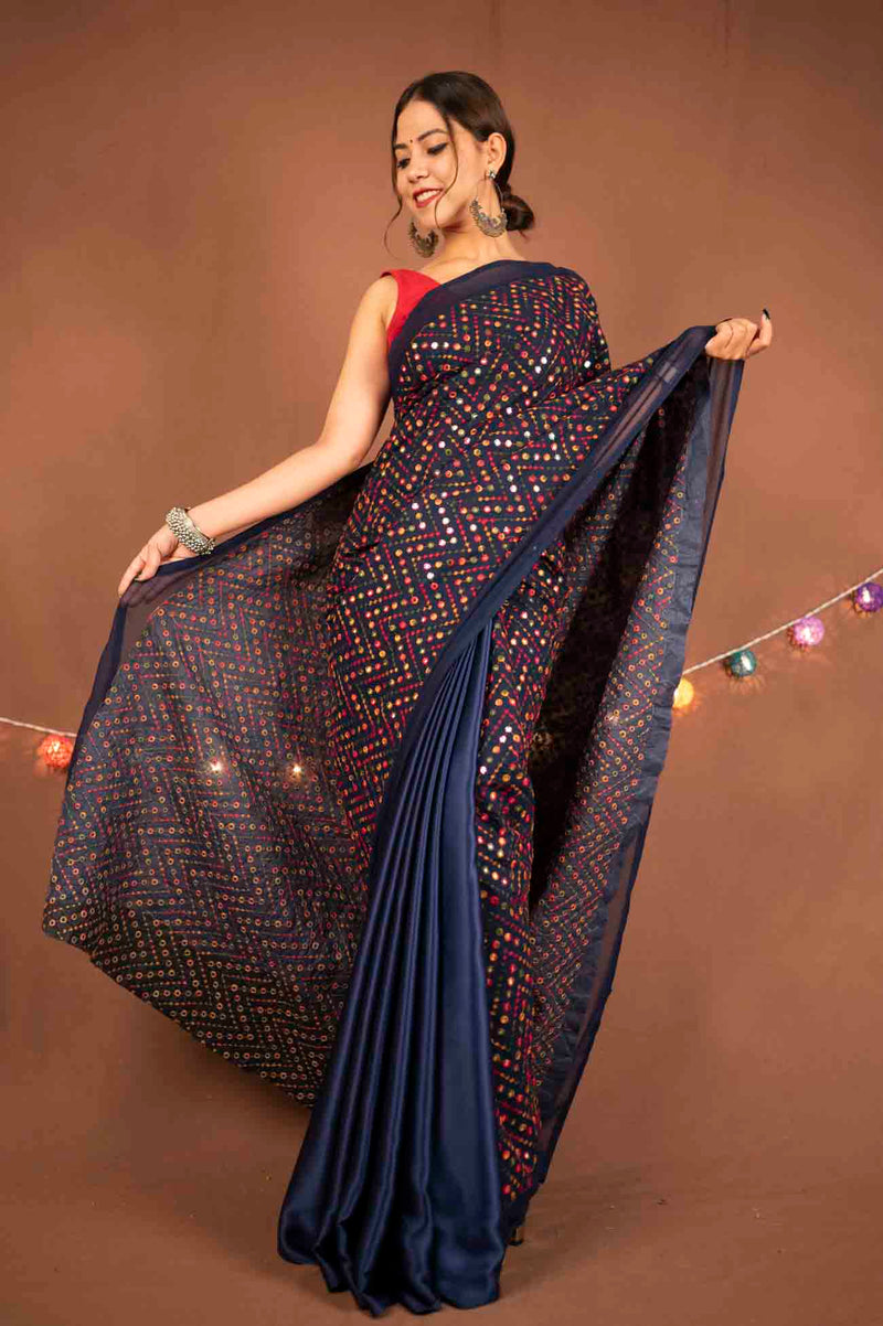 Navy Blue Sparkly Embroidery Mirror Work Half and Half Wrap in 1 minute saree - Isadora Life Online Shopping Store