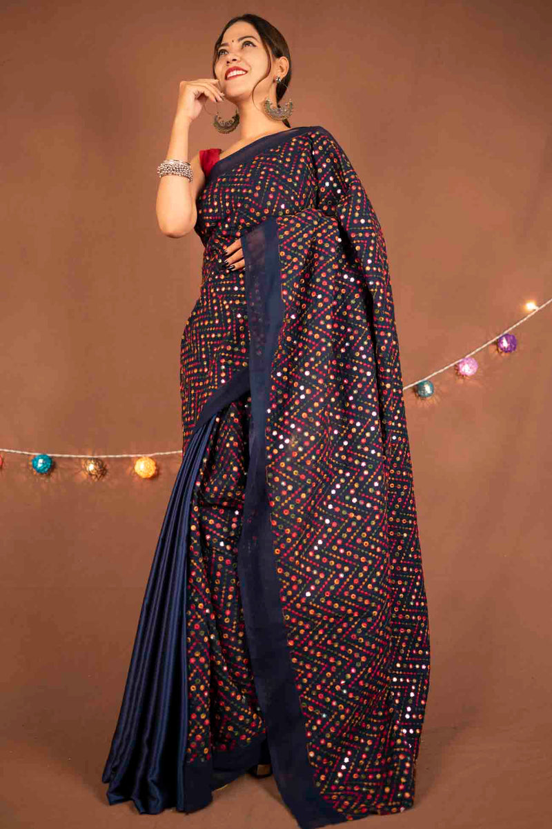 Navy Blue Sparkly Embroidery Mirror Work Half and Half Wrap in 1 minute saree - Isadora Life Online Shopping Store
