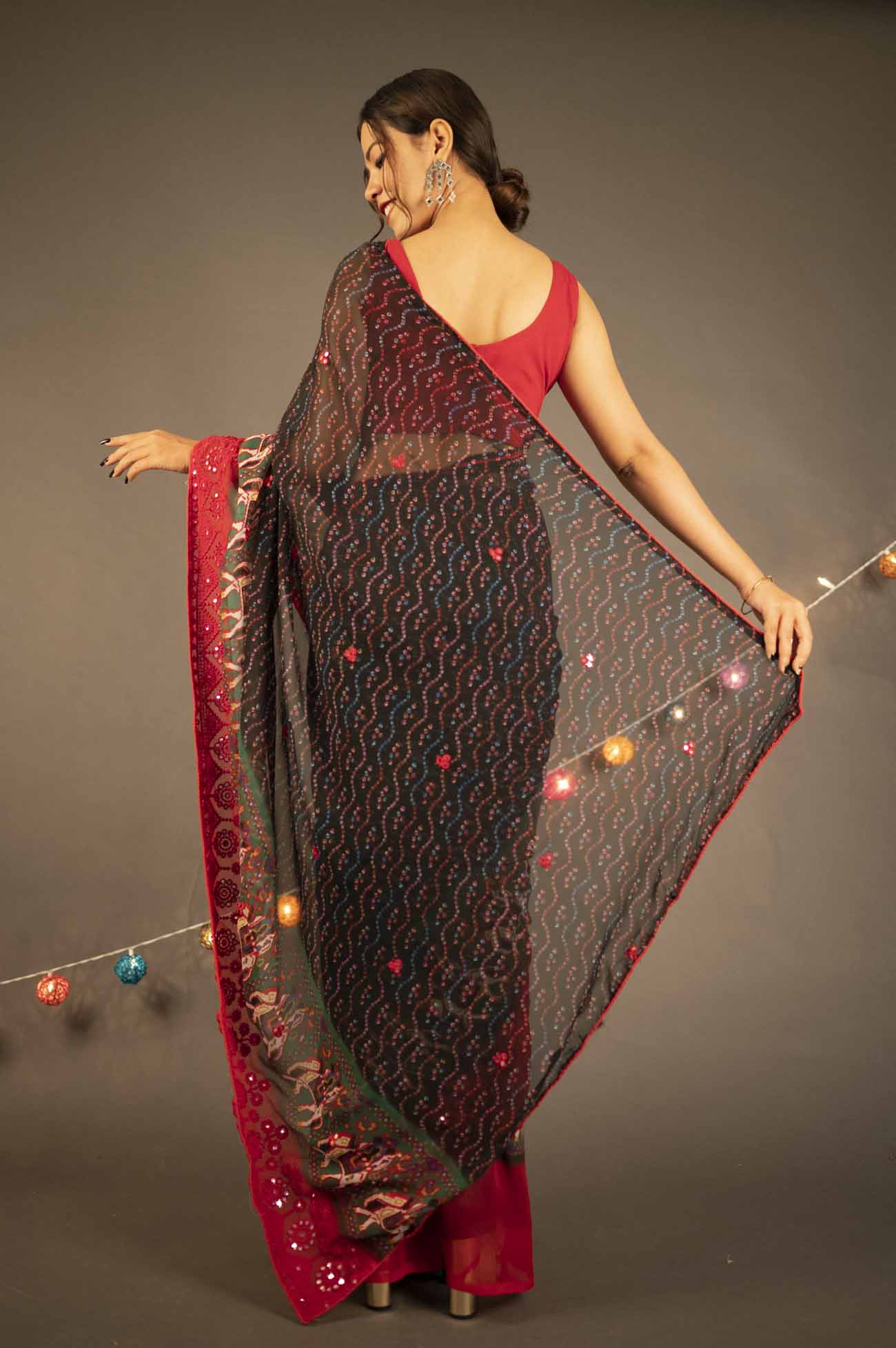 Black-Red-Green Silver Mirror Border Printed Georgette Wrap in 1 minute saree - Isadora Life Online Shopping Store