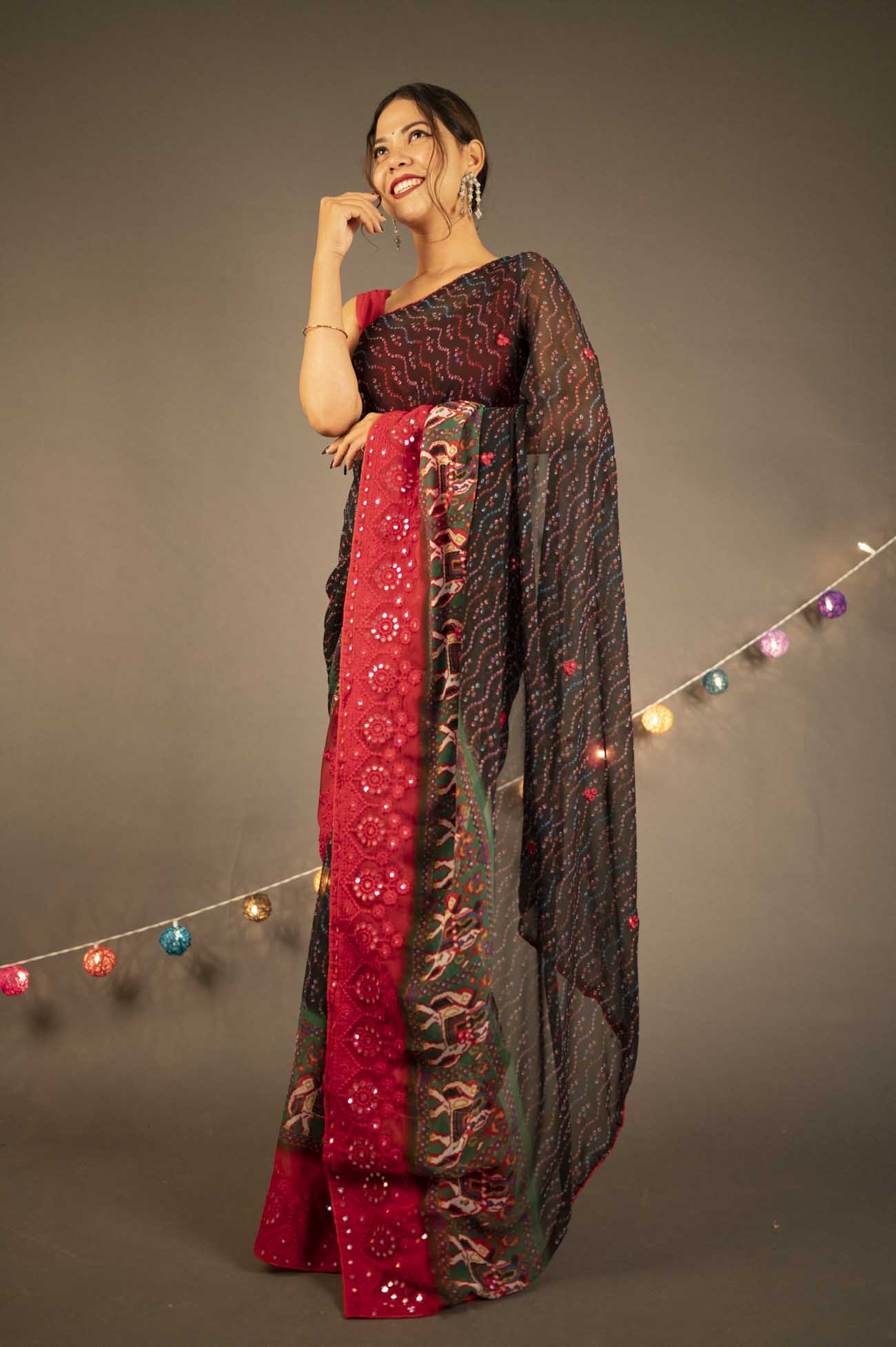 Black-Red-Green Silver Mirror Border Printed Georgette Wrap in 1 minute saree - Isadora Life Online Shopping Store