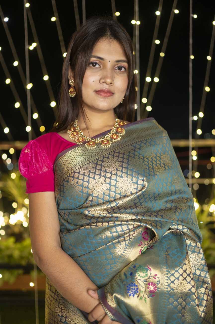 Mehendi green dhoop chaanv banarasi meenkari border stitched pleated wrap in 1 minute saree - Isadora Life Online Shopping Store
