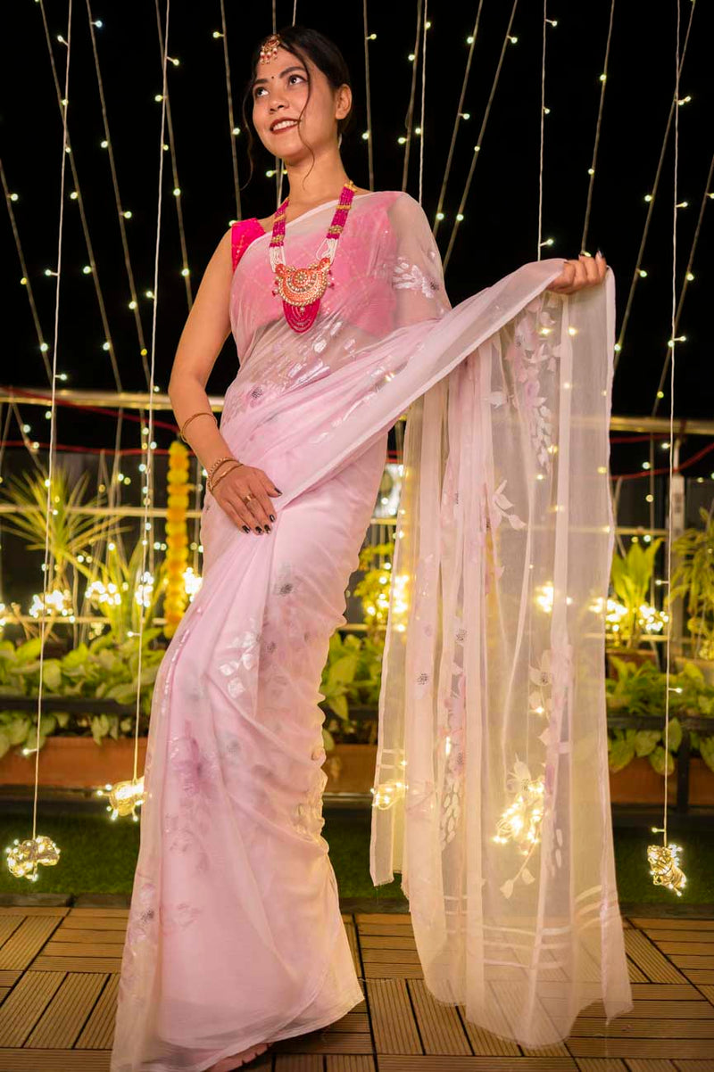 Delicate baby pink chiffon hand painted pre stitched 1 minute saree - Isadora Life Online Shopping Store