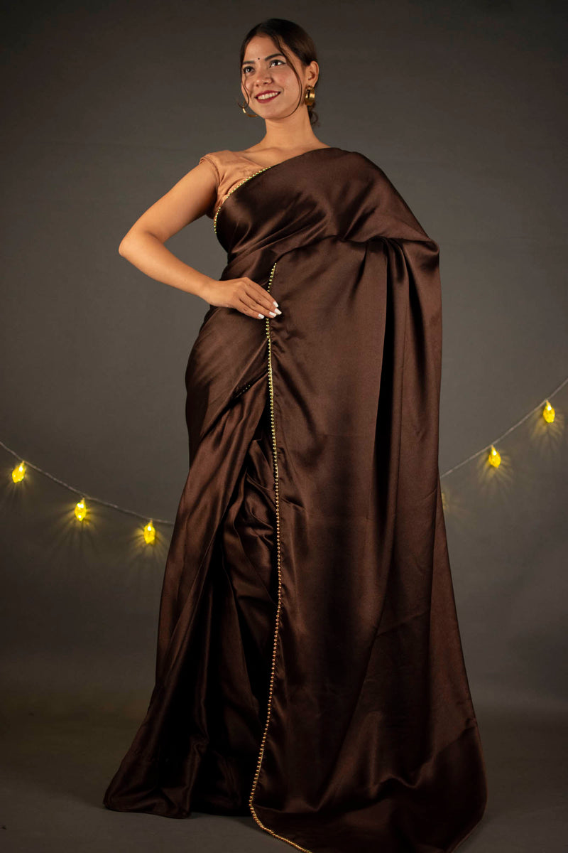 Chocolate brown satin wrap in 1 minute with moti lace - Isadora Life Online Shopping Store