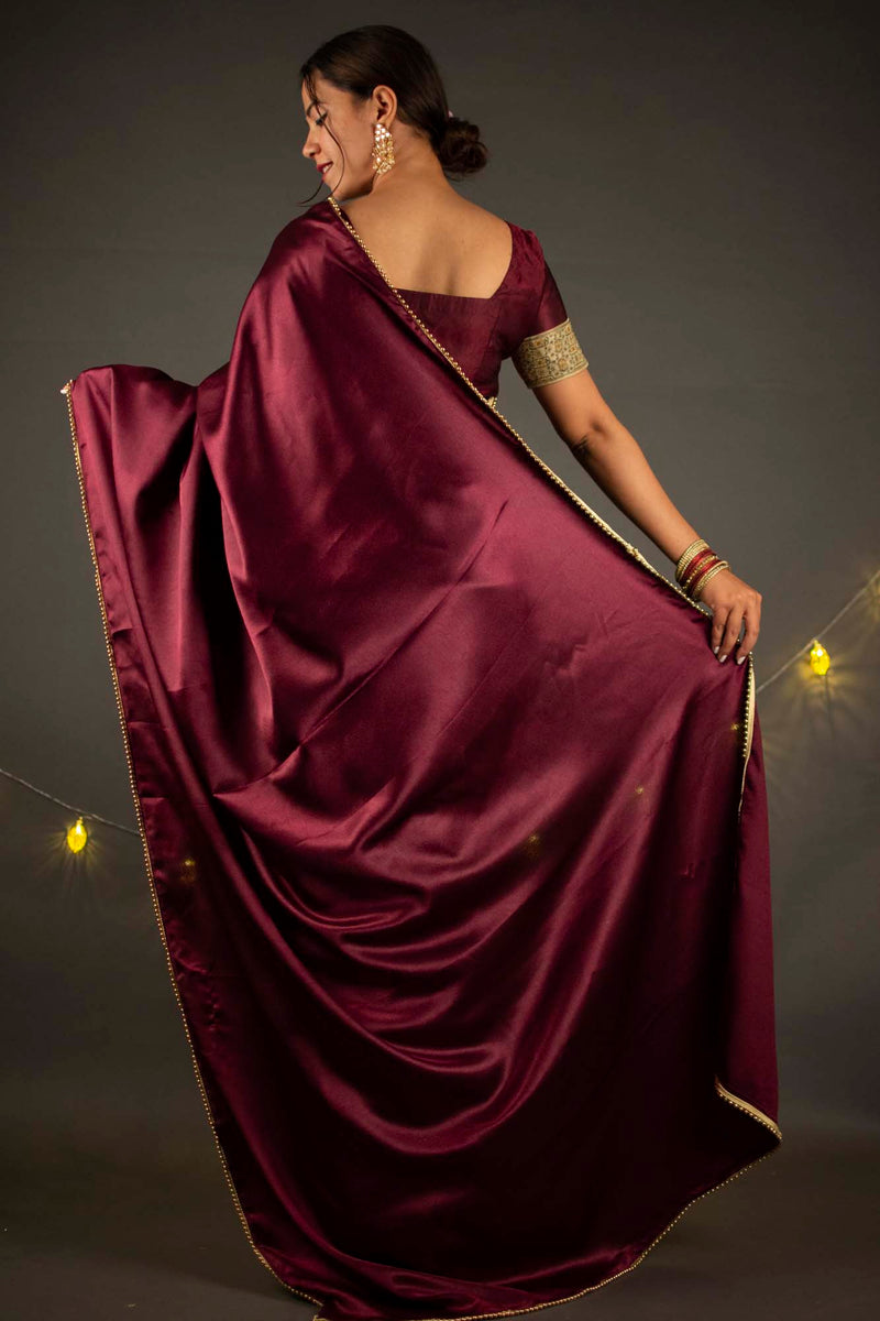 Royal purple satin wrap in 1 minute saree with moti lace - Isadora Life Online Shopping Store