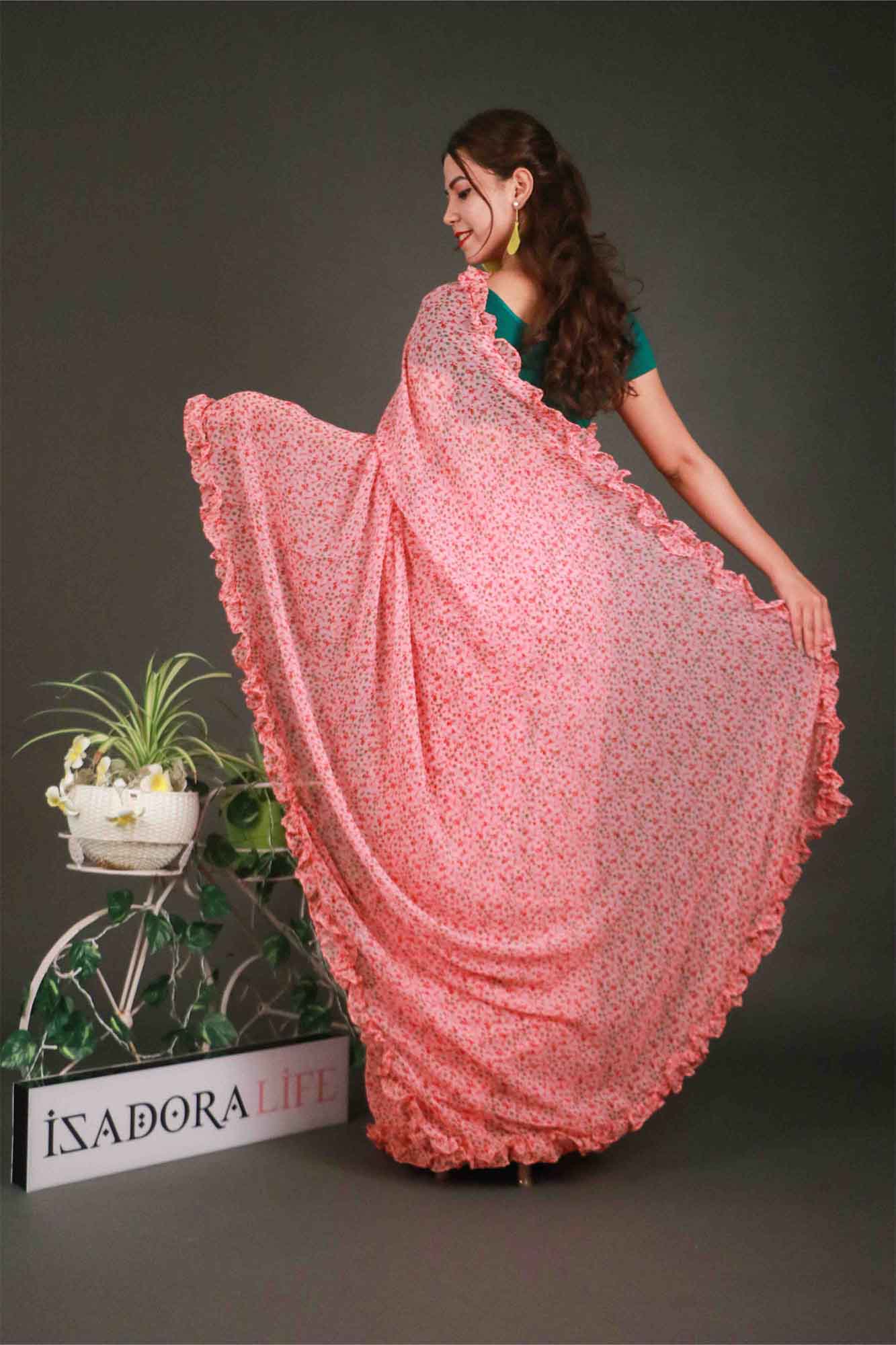 Pink Georgette Ruffle Border Printed Wrap in 1 minute saree - Isadora Life Online Shopping Store