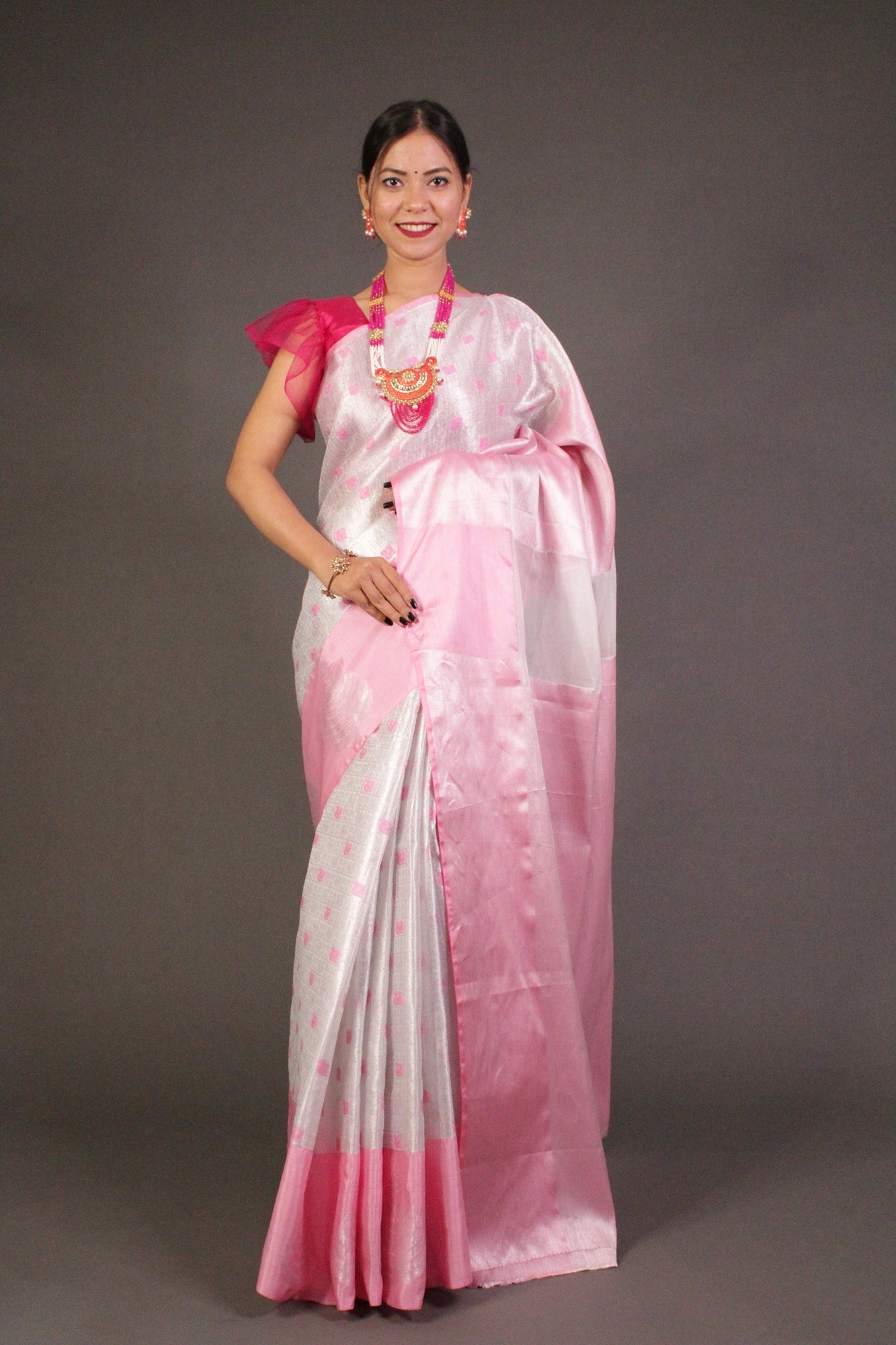 Pink-Silver Kora Muslin Wrap in 1 minute saree - Isadora Life Online Shopping Store