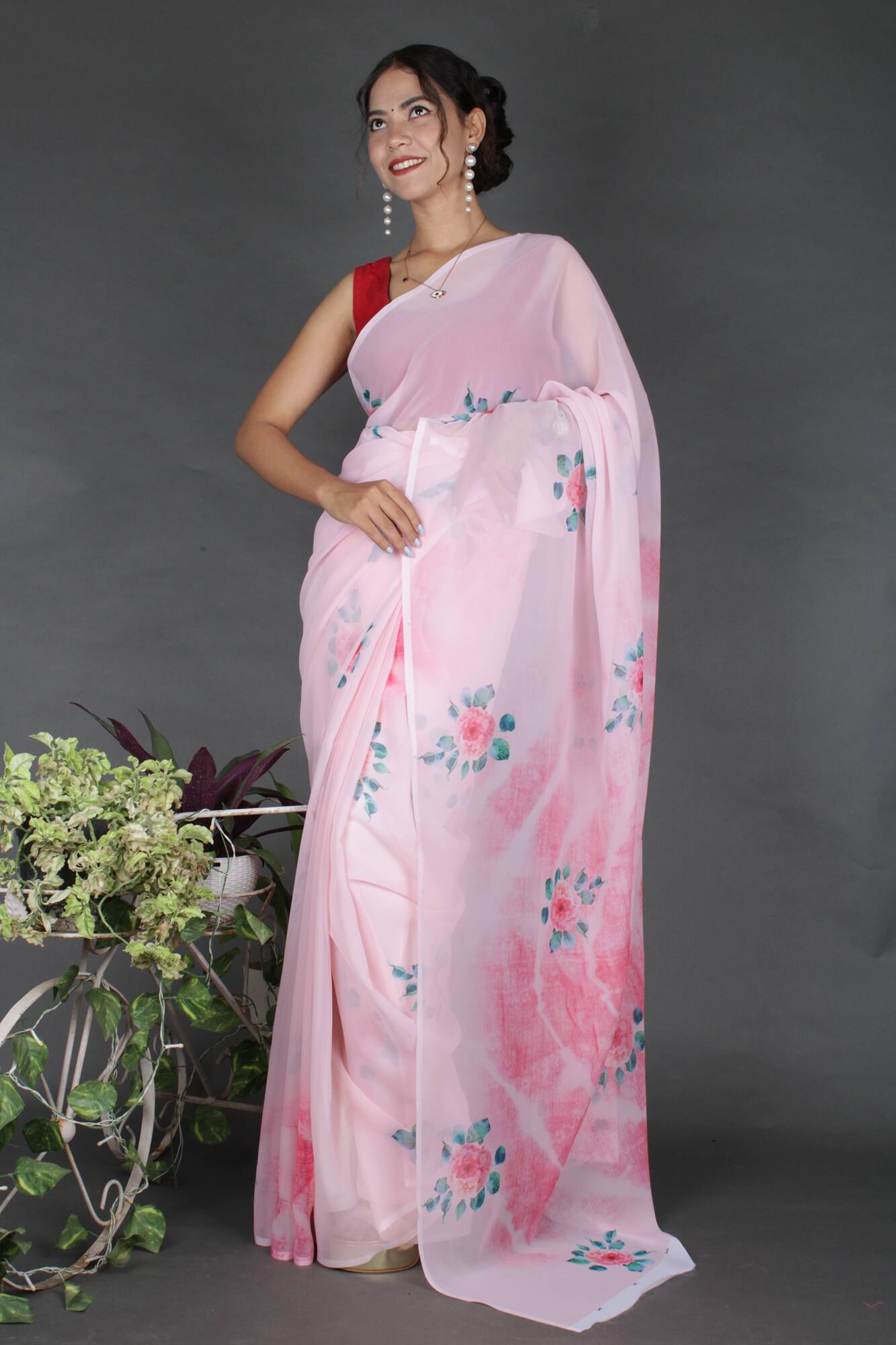 Wrap in 1 Minute Pink Floral Georgette Ready made saree with ready blouse - Isadora Life Online Shopping Store