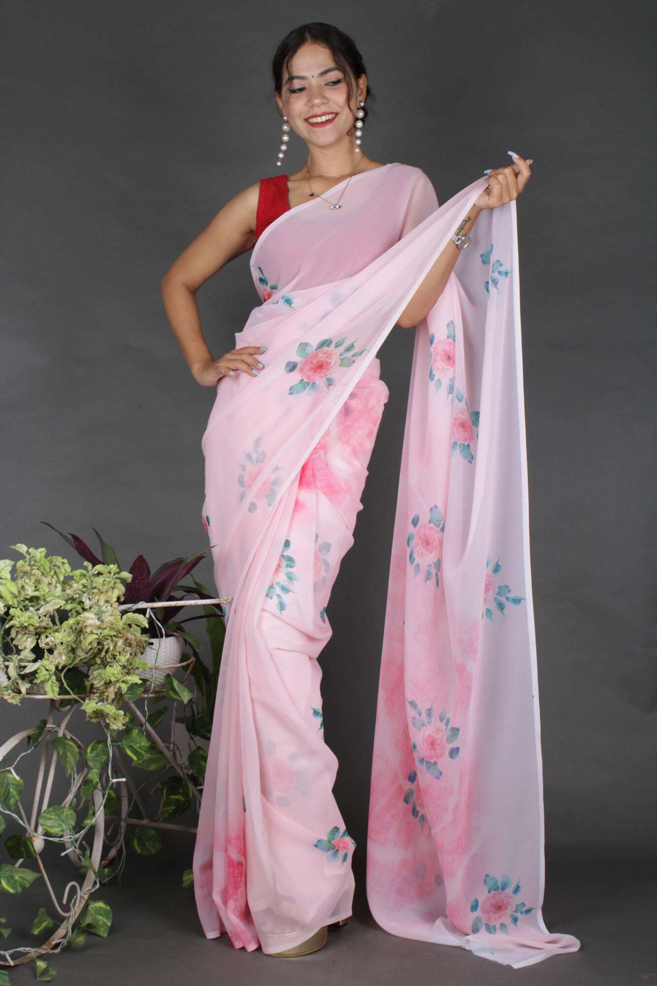 Wrap in 1 Minute Pink Floral Georgette Ready made saree with ready blouse - Isadora Life Online Shopping Store