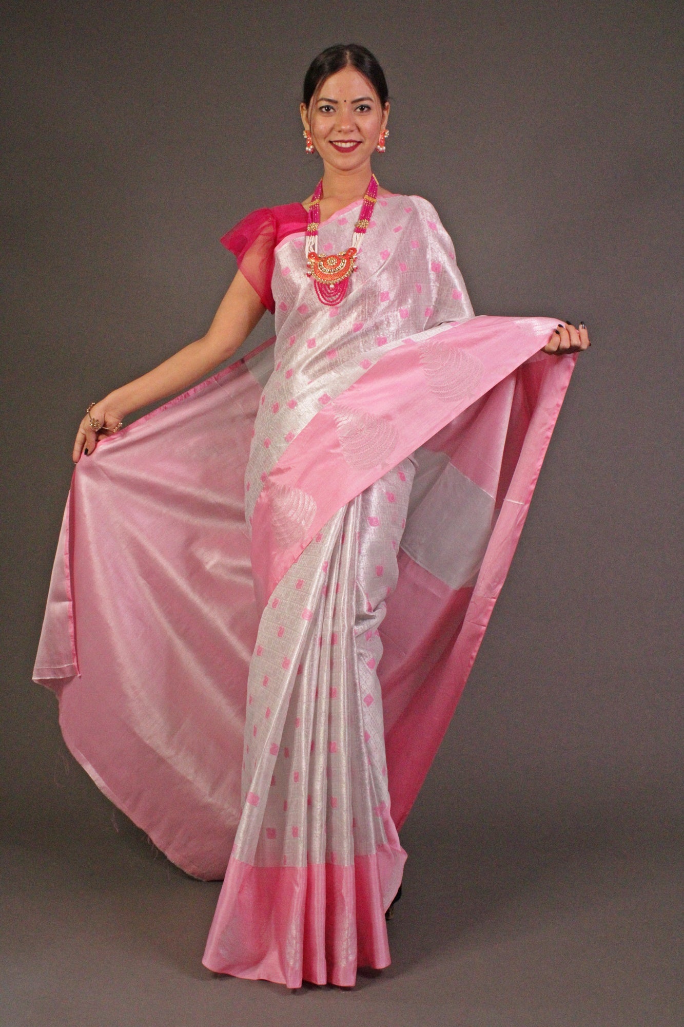 Pink-Silver Kora Muslin Wrap in 1 minute saree - Isadora Life Online Shopping Store