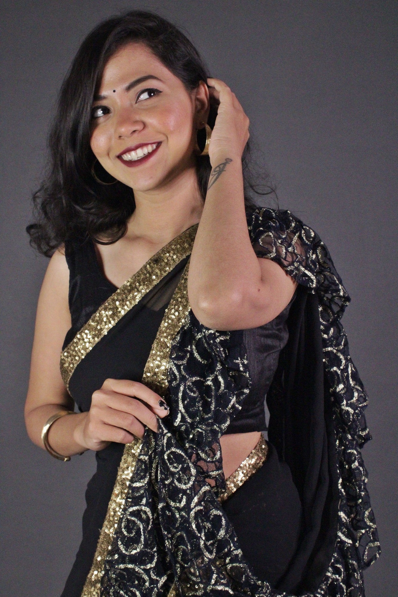 Designer Black Ruffle, with Golden Lace Wrap in 1 minute saree - Isadora Life Online Shopping Store