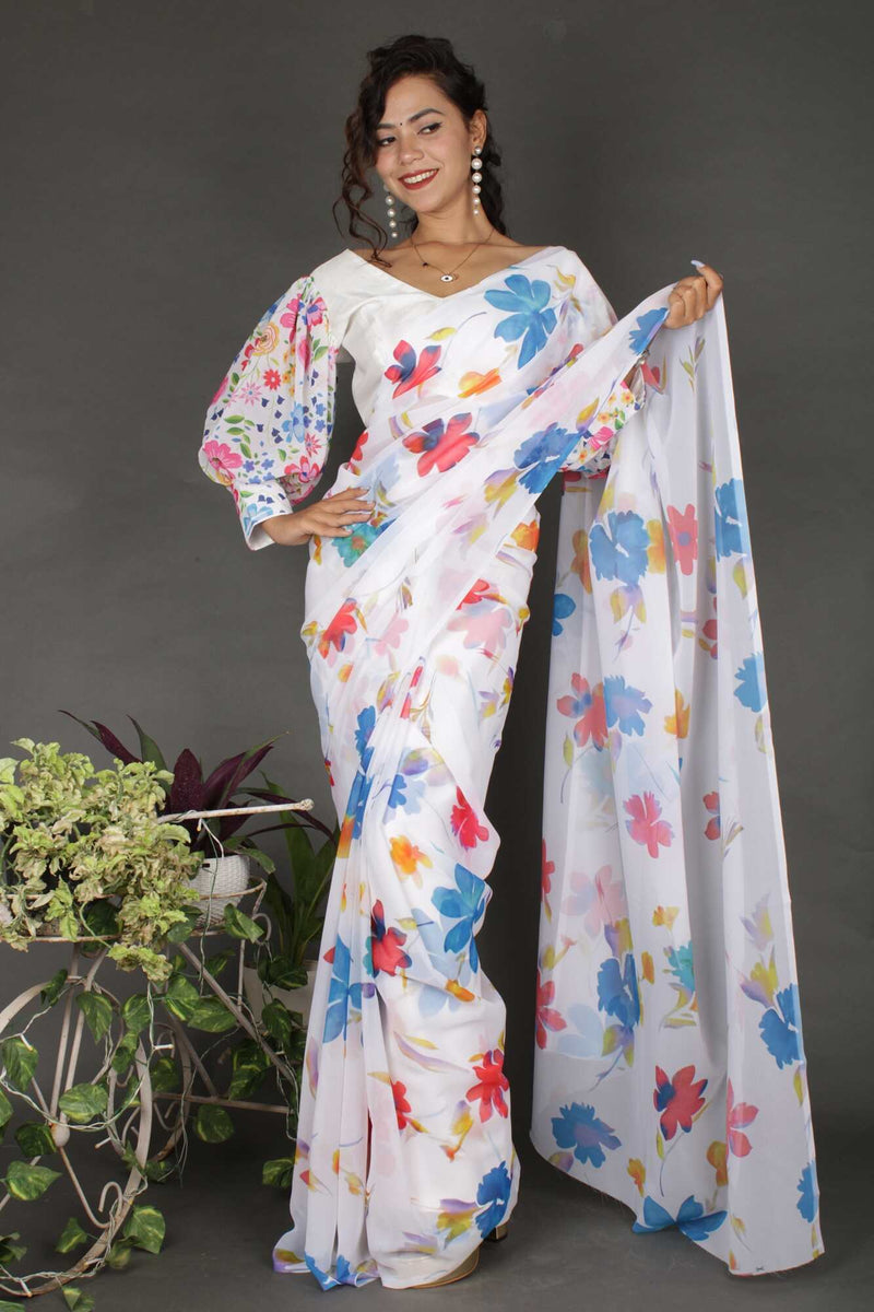One Minute White Floral Georgette ready to wear saree with readymade stitched blouse - Isadora Life Online Shopping Store