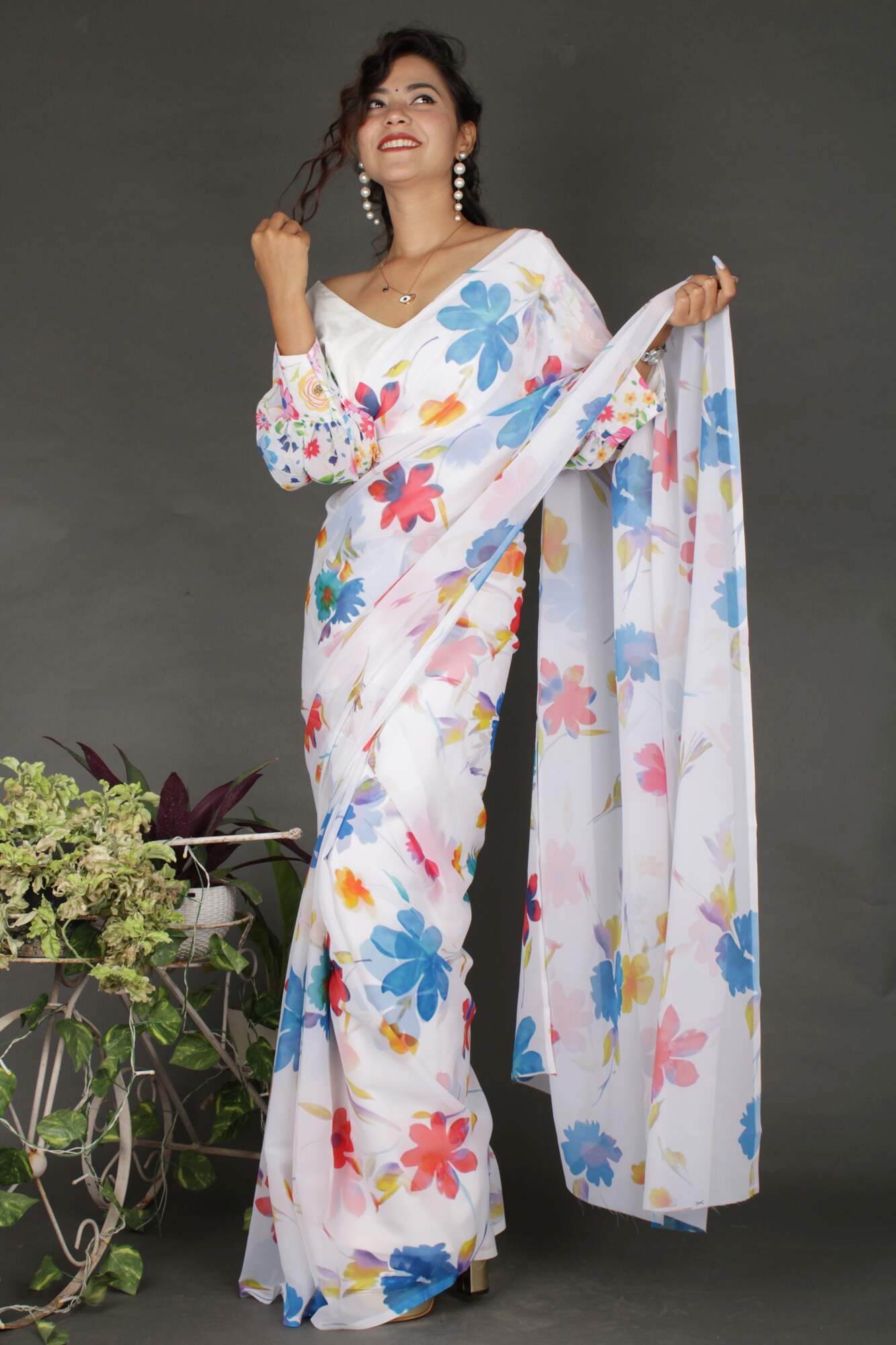 One Minute White Floral Georgette ready to wear saree with readymade stitched blouse - Isadora Life Online Shopping Store