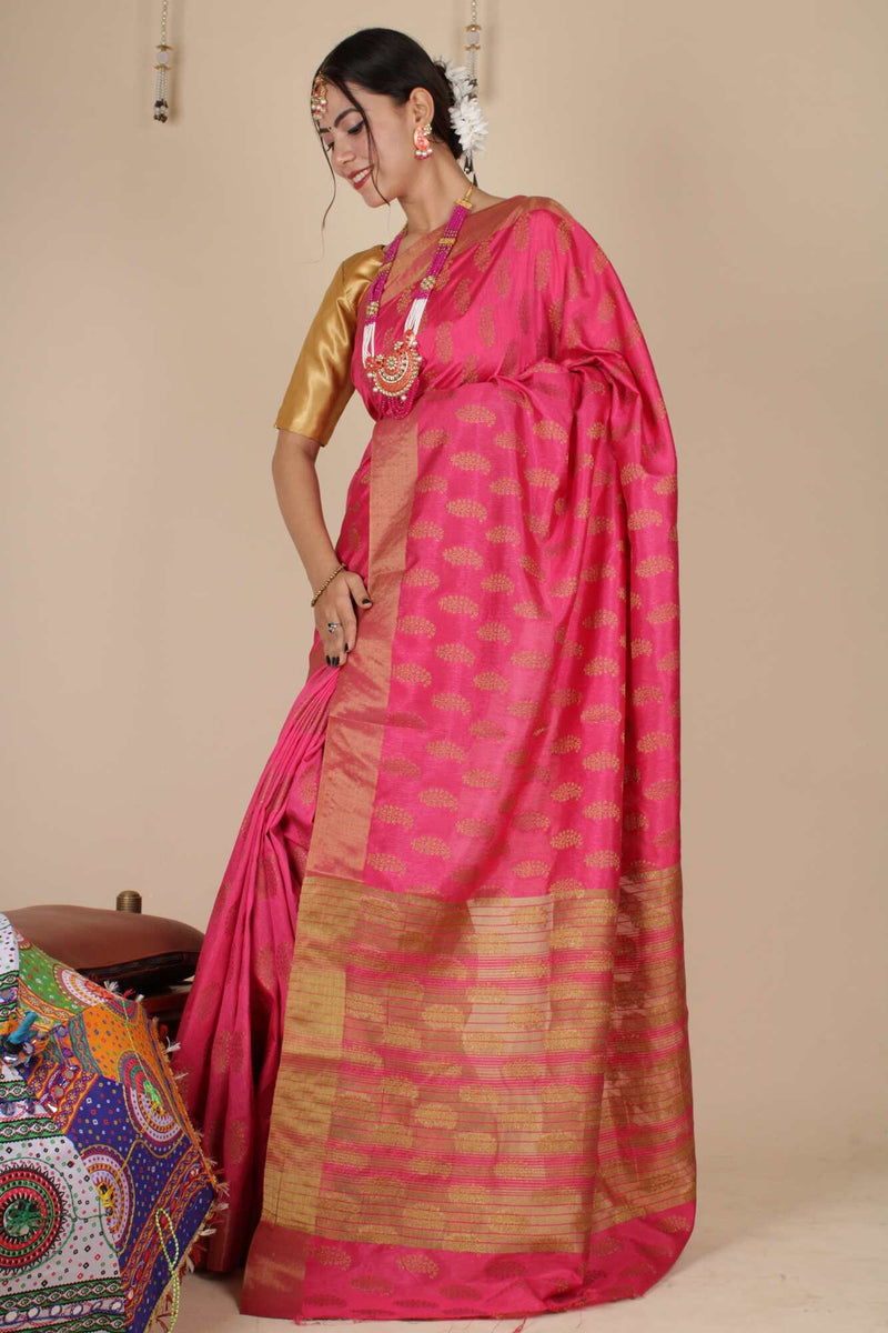 Magnificent Zari woven Pink Wrap in 1 minute Banarasi silk Saree with Readymade Blouse - Isadora Life Online Shopping Store