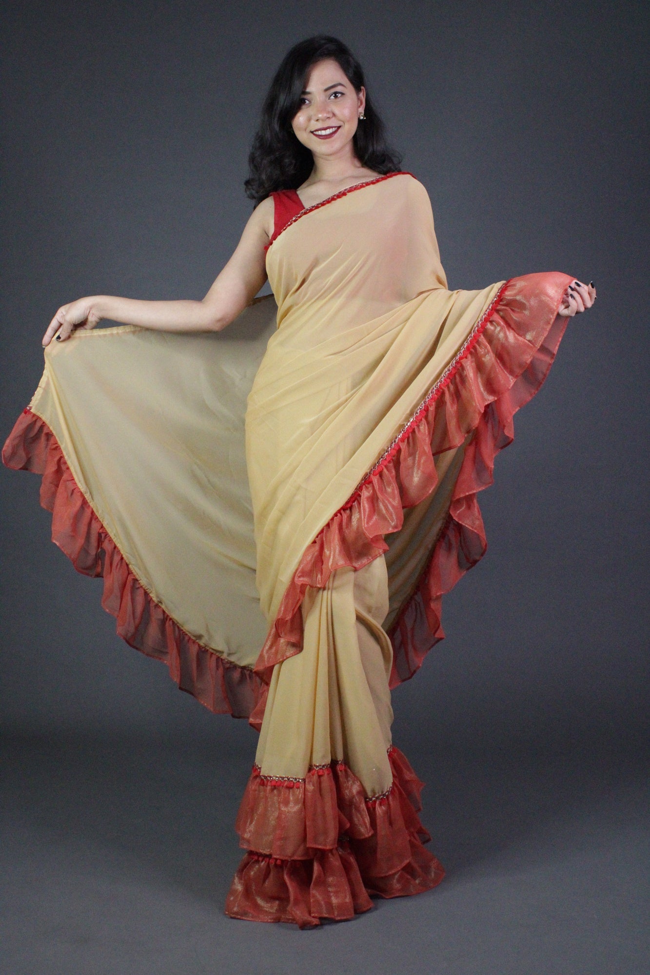 Creamy Georgette with Red Ruffled Border Wrap in 1 minute saree - Isadora Life Online Shopping Store