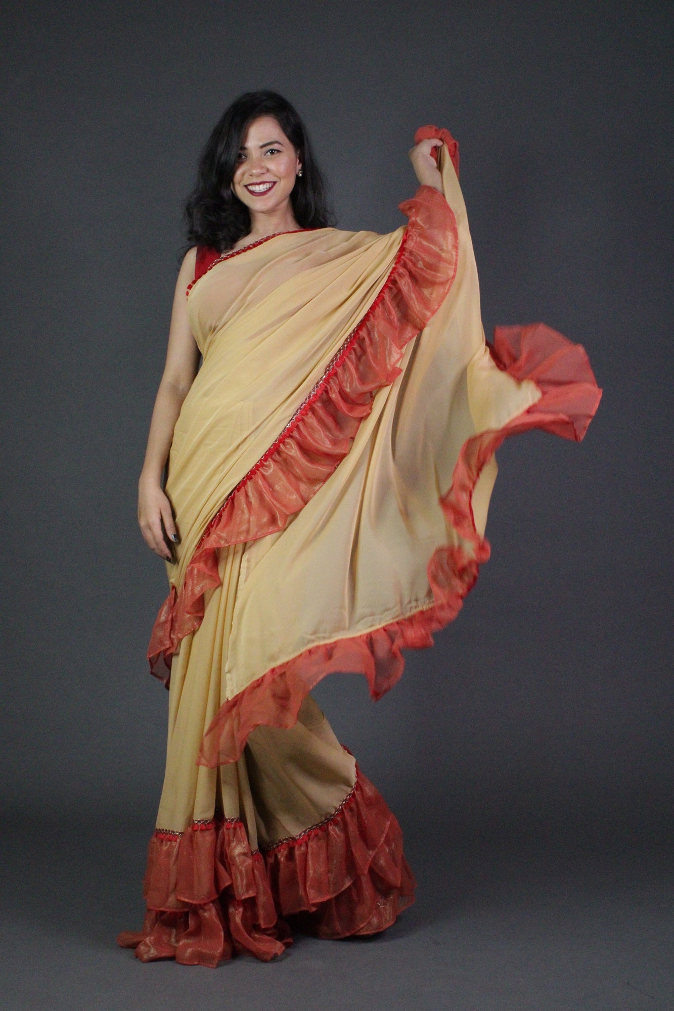 Creamy Georgette with Red Ruffled Border Wrap in 1 minute saree - Isadora Life Online Shopping Store