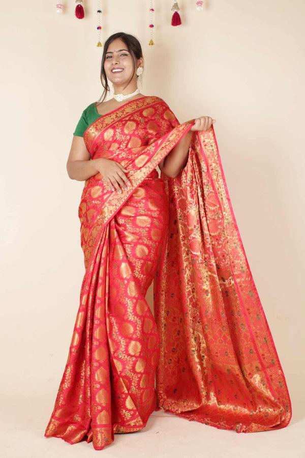 Kanjivaram Zari Interweaving Coral Red Art Silk Wrap in 1 minute Saree with Readymade Blouse - Isadora Life Online Shopping Store