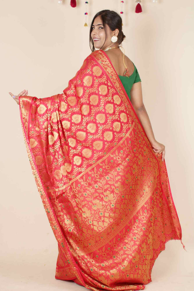 Kanjivaram Zari Interweaving Coral Red Art Silk Wrap in 1 minute Saree with Readymade Blouse - Isadora Life Online Shopping Store