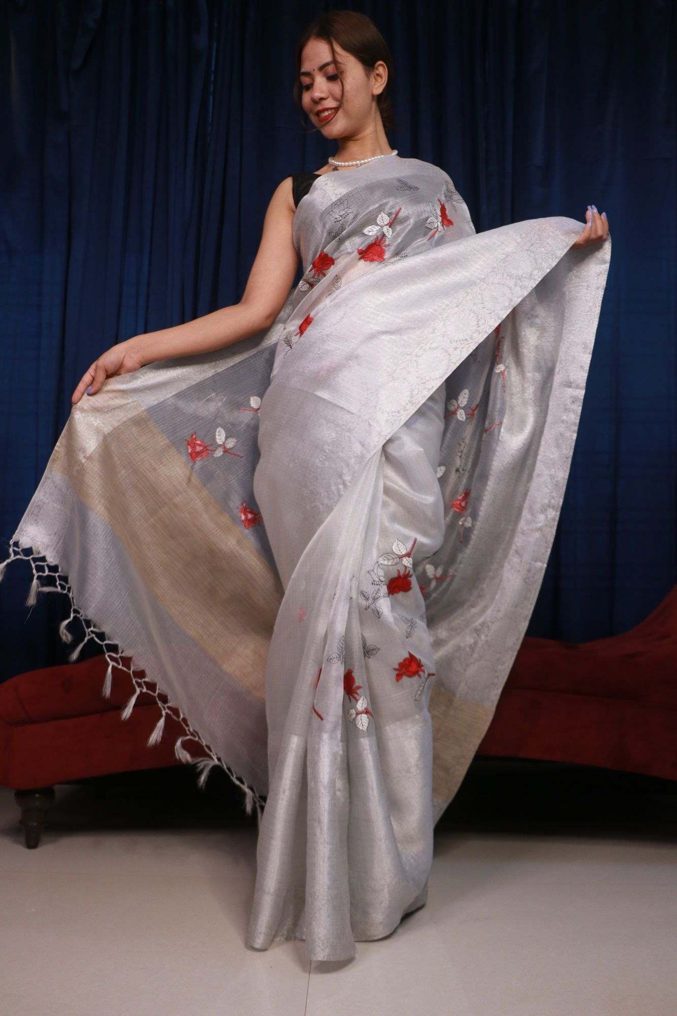 Silver Tissue Zari Woven With Red Floral buta embroided work all over Wrap in 1 minute saree - Isadora Life Online Shopping Store