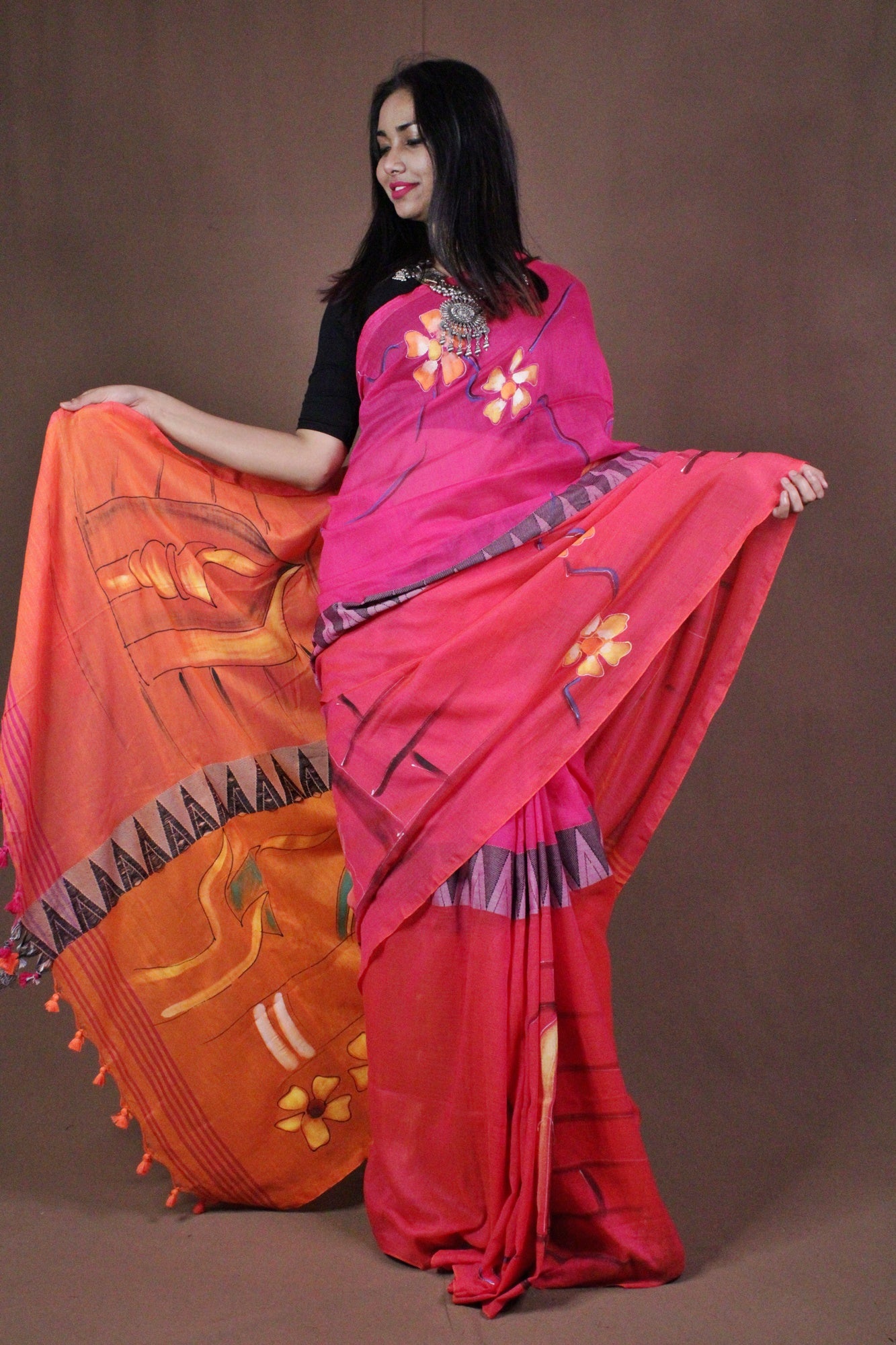 Hand painted organic khadi Linen Wrap in 1 minute saree - Isadora Life Online Shopping Store