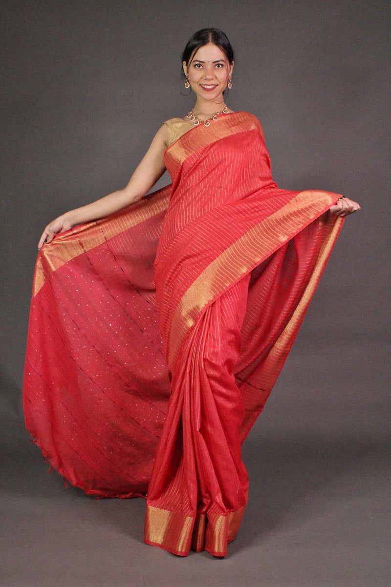 Red Premium Soft Bhagalpuri Cotton Silk with woven zari & sequin work all over Wrap in 1 minute saree - Isadora Life Online Shopping Store