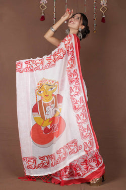 Wrap in 1 Minute  Bengal Tant Red & White Handpainted Cotton Ready to Wear Saree With Ready Made Blouse - Isadora Life Online Shopping Store