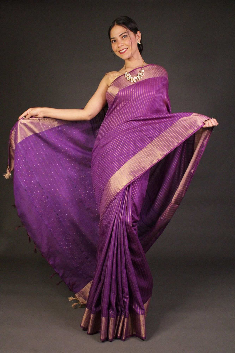 Purple Premium Bhagalpuri Cotton Silk with woven zari and sequin work all over  Wrap in 1 minute saree - Isadora Life Online Shopping Store