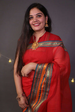 Beautiful red kota doria cotton with manipuri border wrap in 1 minute saree - Isadora Life Online Shopping Store