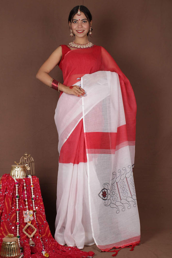 One Minute Bengal Tant Red & White Ready to Wear Saree With Ready Made Blouse - Isadora Life Online Shopping Store